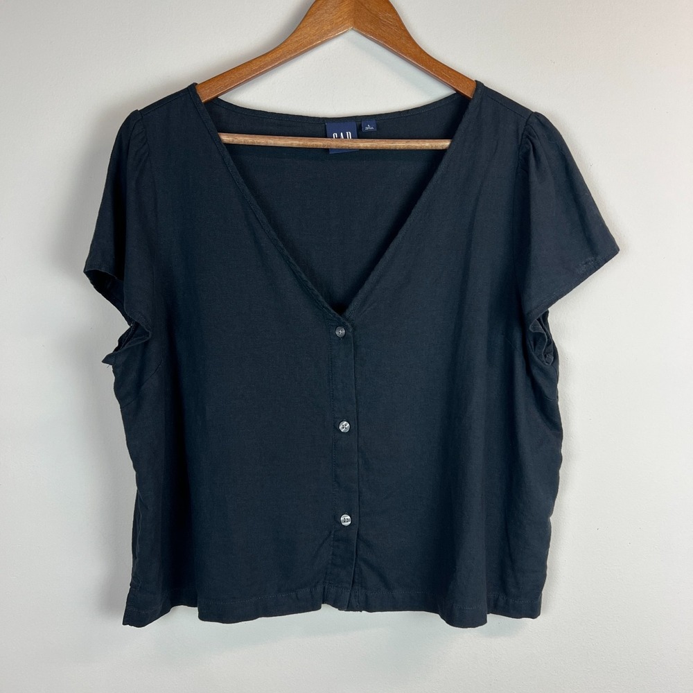Gap Linen Button Front Top Shirt Women Large Black Cap Sleeve Crop Summer Staple